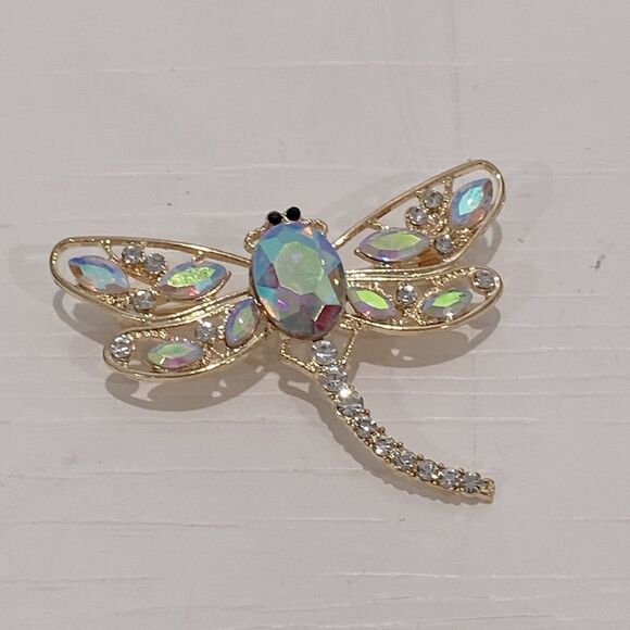 Gold Dragonfly Brooch With Beautiful Clear Blue & Purple Pink Tones - Picture 4 of 4